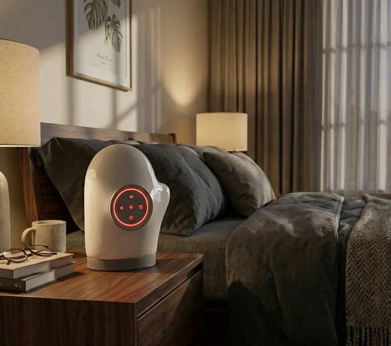 White smart sleep device with red LED controls on bedroom nightstand, promoting relaxation and better sleep