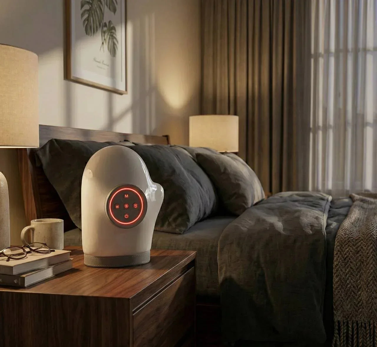 White smart sleep device with red LED controls on bedroom nightstand, promoting relaxation and better sleep