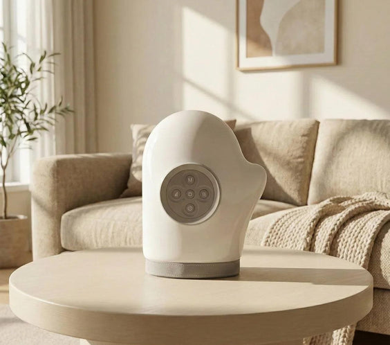 Modern white humidifier with touch controls on living room table, cozy home ambiance