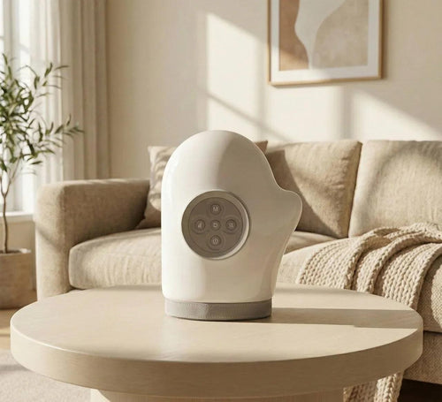 Modern white humidifier with touch controls on living room table, cozy home ambiance