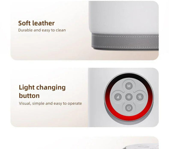 White device with soft leather trim, intuitive light-changing buttons, and Type-C charging port for easy use