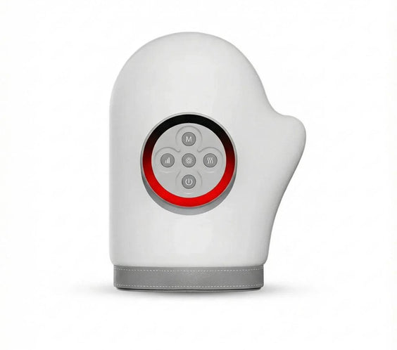 White hand massager with red control panel, heat and massage settings for relaxation