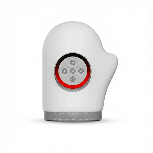 White hand massager with red control panel, heat and massage settings for relaxation