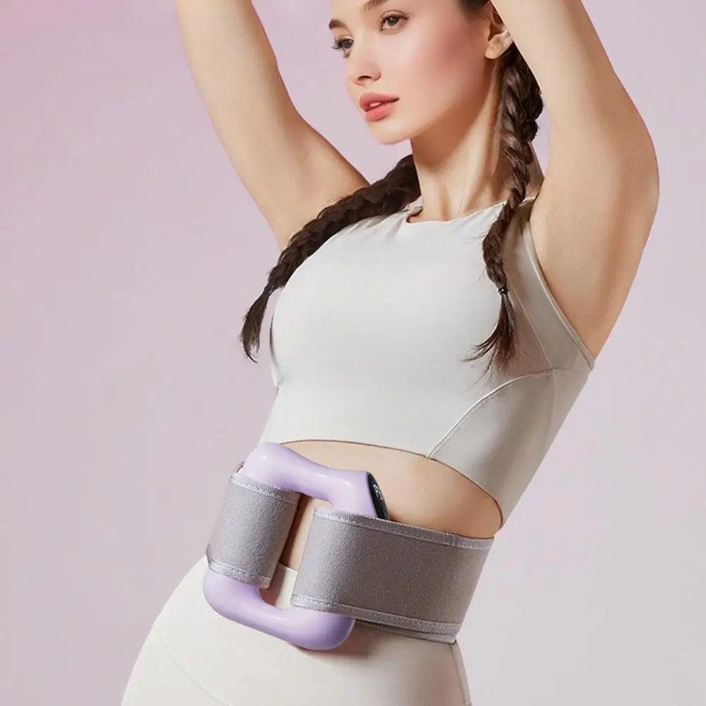 Woman wearing purple and gray waist trainer belt for core fitness and posture support