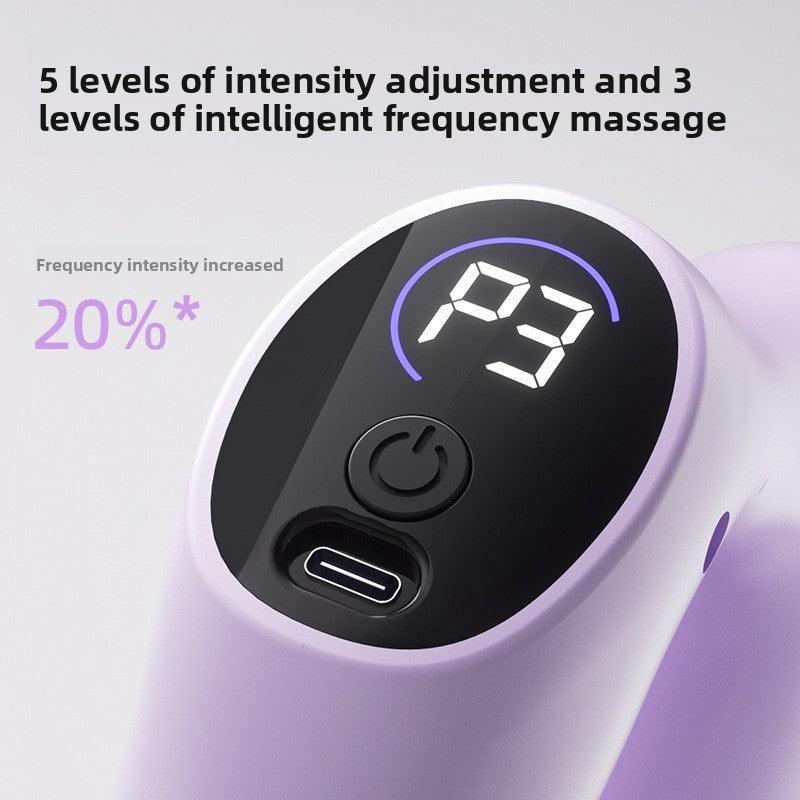 Purple handheld massager with digital display showing P3 mode, 5 intensity levels, USB-C charging