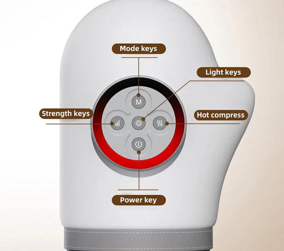 White handheld massager with labeled control panel for mode, strength, light, hot compress, and power
