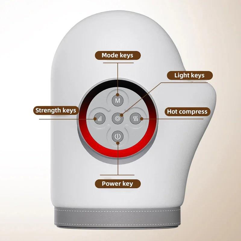 White handheld massager with labeled control panel for mode, strength, light, hot compress, and power