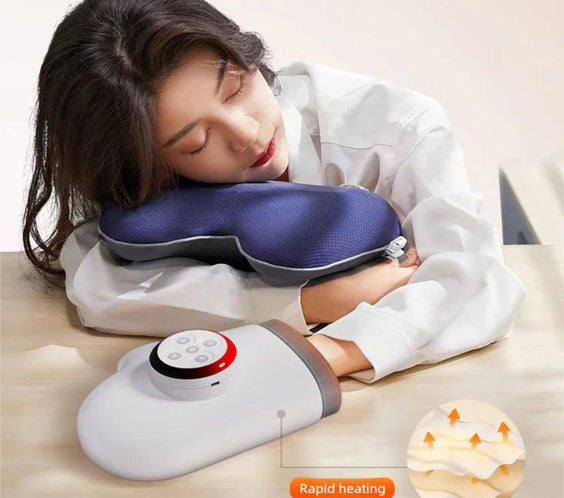 Woman resting head on heated neck pillow with rapid heating feature for comfort and relaxation