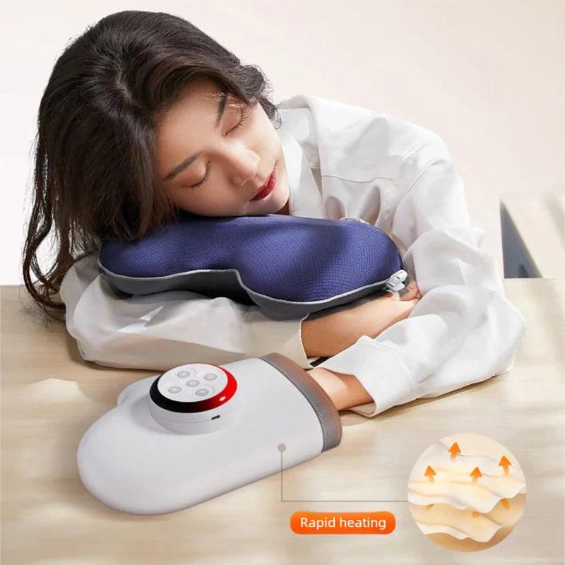 Woman resting head on heated neck pillow with rapid heating feature for comfort and relaxation